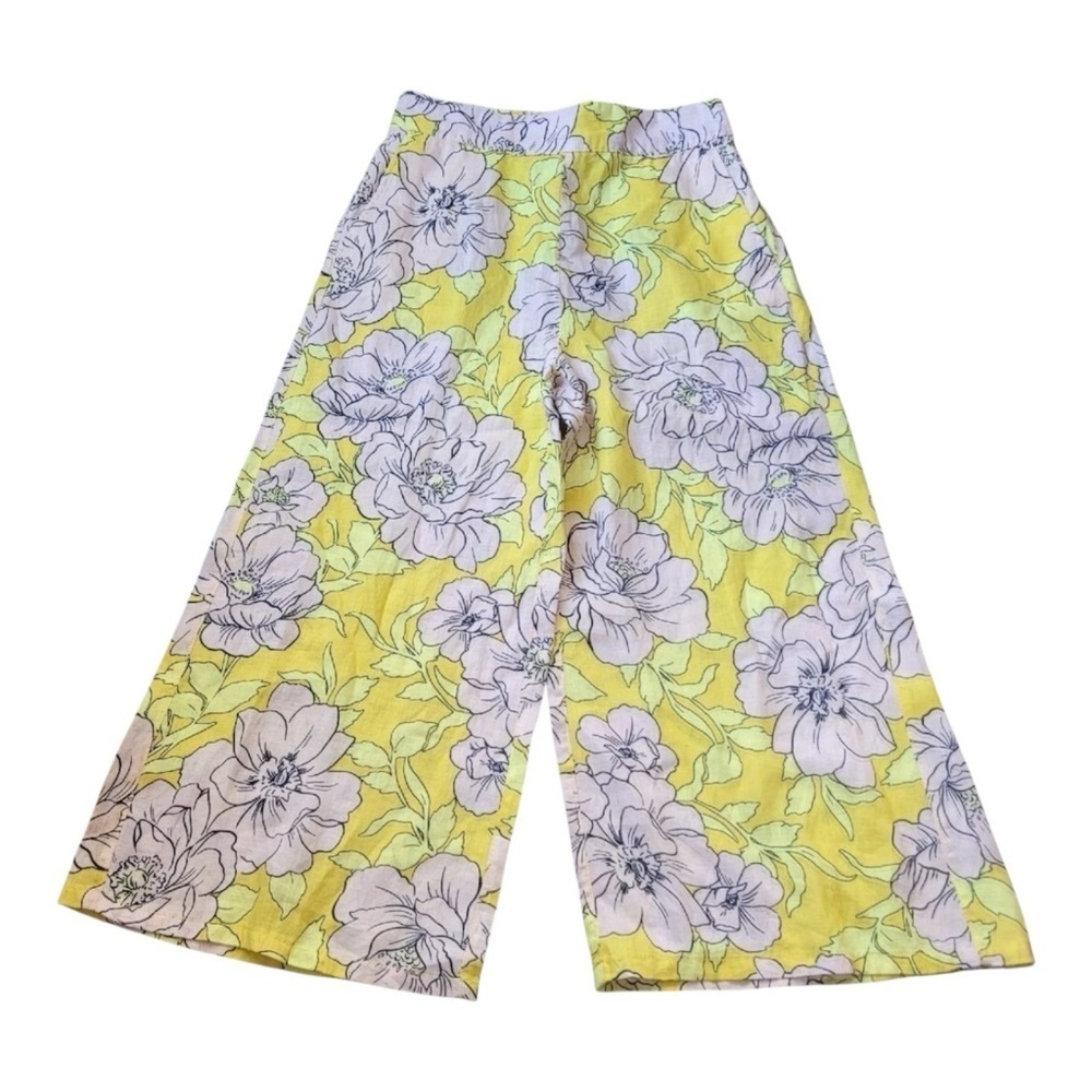 C & C Women's Capri Pants Wide Leg 100% Linen Floral Yellow Pink White Size L - Picture 3 of 4